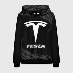 Мужская толстовка 3D Tesla Speed на темном фоне со следами шин