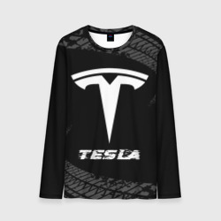 Мужской лонгслив 3D Tesla Speed на темном фоне со следами шин