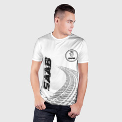 Мужская футболка 3D Slim Saab Speed на светлом фоне со следами шин: надпись, символ - фото 2