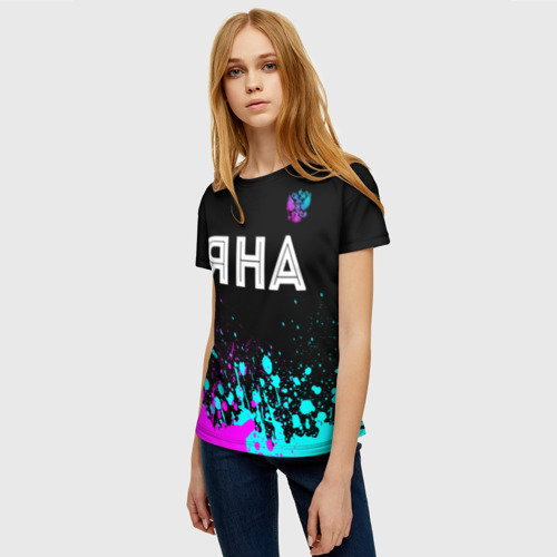 Женская футболка 3D Яна и неоновый герб России: символ сверху, цвет 3D печать - фото 3