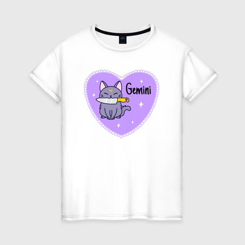 Женская футболка из хлопка с принтом Милый котик - близнецы, вид спереди №1