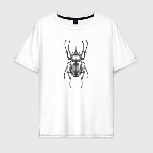 Мужская футболка хлопок Oversize с принтом Жук носорог гравюра, вид спереди #2