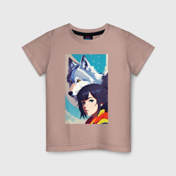 Детская футболка хлопок Girl and wolf - anime - neural network - art