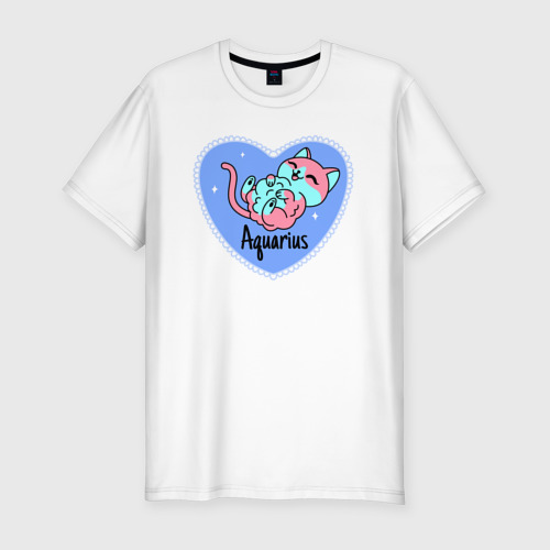 Мужская футболка приталенная из хлопка с принтом Пушистый котик - водолей, вид спереди №1