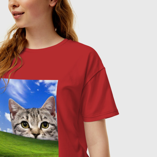 Женская футболка хлопок Oversize Кот и безмятежность в Windows XP, цвет красный - фото 3