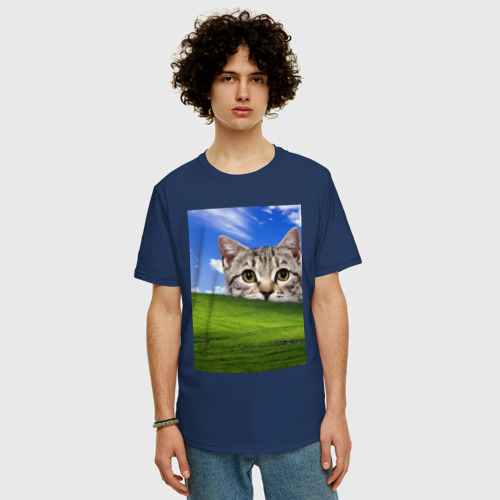 Мужская футболка хлопок Oversize с принтом Кот и безмятежность в Windows XP, фото на моделе #1
