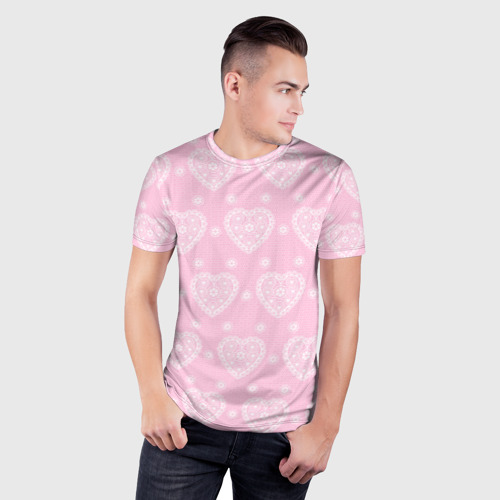 Мужская футболка 3D Slim Розовое кружево сердечки, цвет 3D печать - фото 3