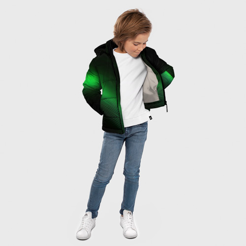 Зимняя куртка для мальчиков 3D с принтом Герб РФ зеленый черный фон, вид сбоку #3