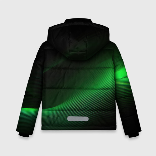 Зимняя куртка для мальчиков 3D с принтом Герб РФ зеленый черный фон, вид сзади #1