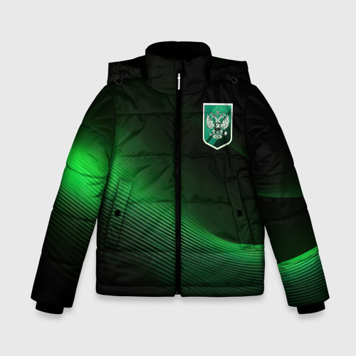 Зимняя куртка для мальчиков 3D с принтом Герб РФ зеленый черный фон, вид спереди #2