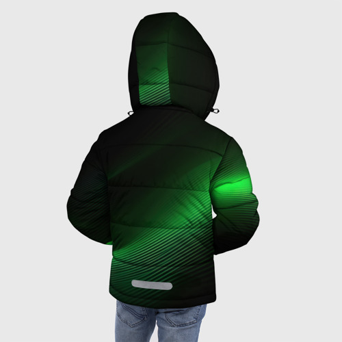 Зимняя куртка для мальчиков 3D с принтом Герб РФ зеленый черный фон, вид сзади #2