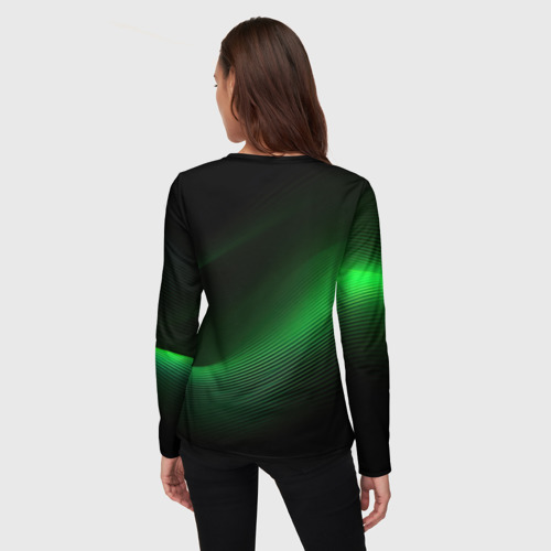 Женский лонгслив 3D с принтом Герб РФ зеленый черный фон, вид сзади #2