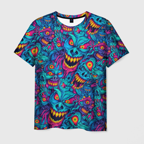 Мужская футболка с принтом Неоновые монстры - graffiti art style pattern, вид спереди №1