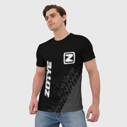 Мужская футболка 3D Zotye Speed на темном фоне со следами шин: надпись, символ - фото 2