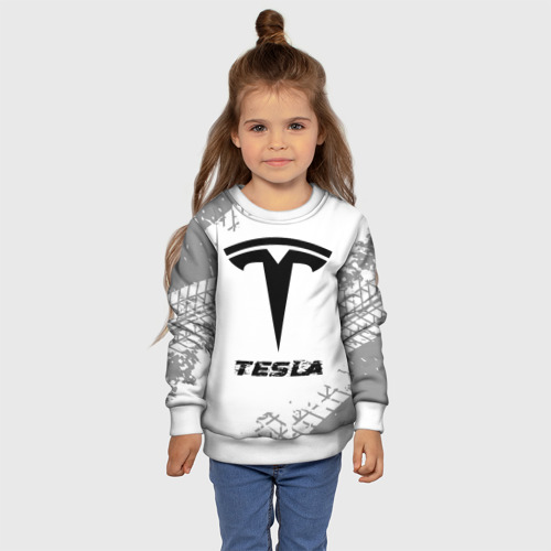 Детский свитшот 3D с принтом Tesla speed на светлом фоне со следами шин, фото #4