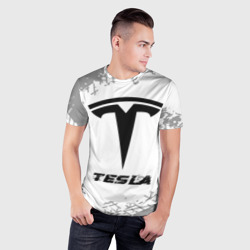Мужская футболка 3D Slim Tesla Speed на светлом фоне со следами шин - фото 2