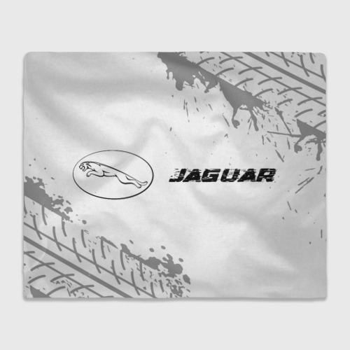Плед с принтом Jaguar Speed на светлом фоне со следами шин: надпись и символ, вид спереди №1