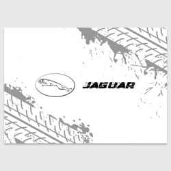 Поздравительная открытка Jaguar Speed на светлом фоне со следами шин: надпись и символ