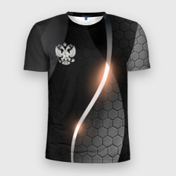 Мужская футболка 3D Slim Герб России на темном фоне