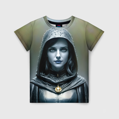 Детская футболка 3D с принтом Девушка с синими губами в чёрном плаще, вид спереди #2