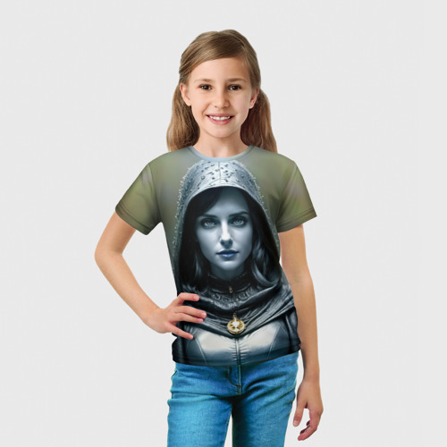 Детская футболка 3D с принтом Девушка с синими губами в чёрном плаще, вид сбоку #3