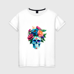 Женская футболка хлопок Череп с яркими цветами в мексиканском стиле