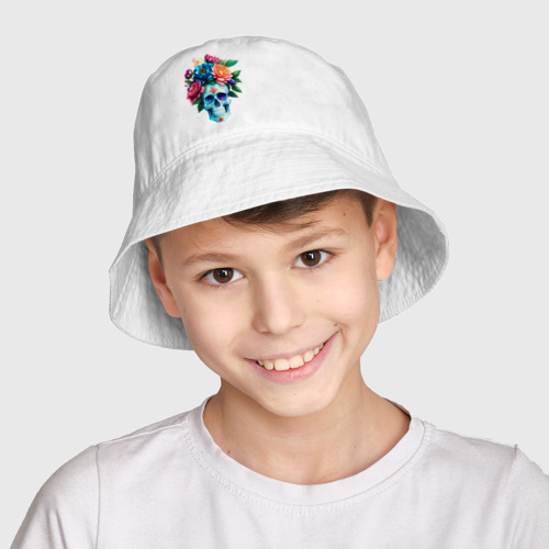 Детская панама хлопок Череп с яркими цветами в мексиканском стиле, цвет белый - фото 3
