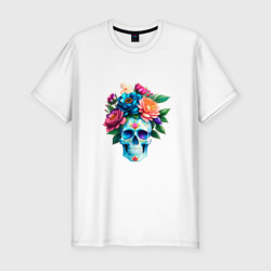 Мужская футболка хлопок Slim Череп с яркими цветами в мексиканском стиле