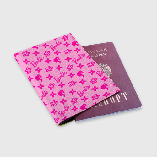 Обложка для паспорта матовая кожа Барби паттерн розовый, цвет желтый - фото 3