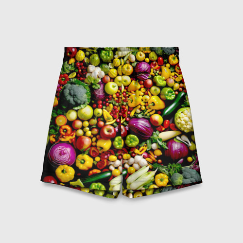 Детские спортивные шорты 3D с принтом Свежие овощи и фрукты, вид спереди #2