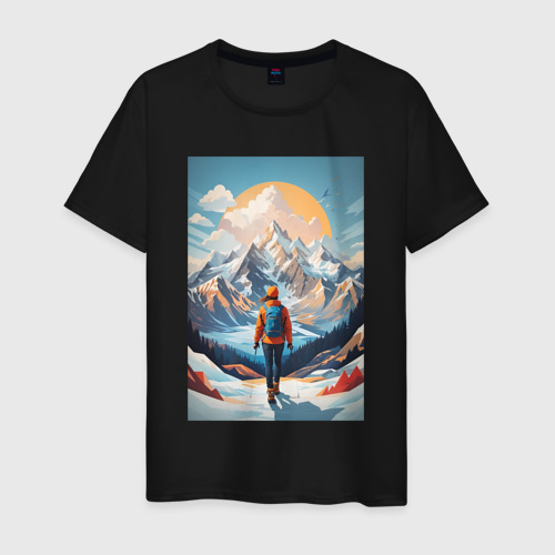 Мужская футболка из хлопка с принтом Альпинист в Горах, вид спереди №1