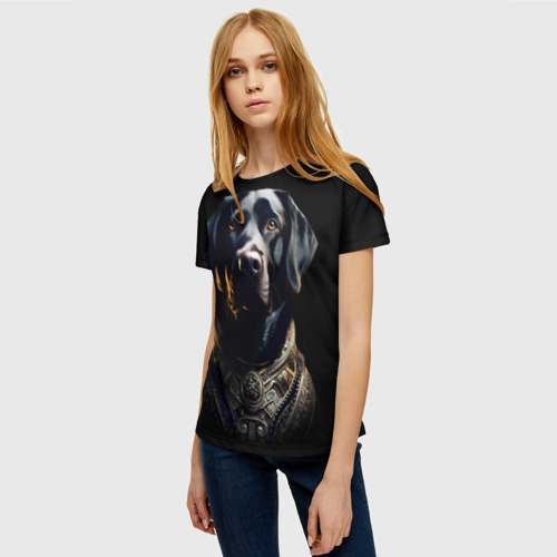 Женская футболка 3D с принтом Черный лабрадор в доспехах, фото на моделе #1