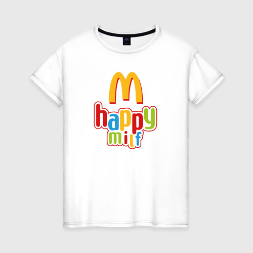 Женская футболка из хлопка с принтом Happy MILF - антибренд, вид спереди №1