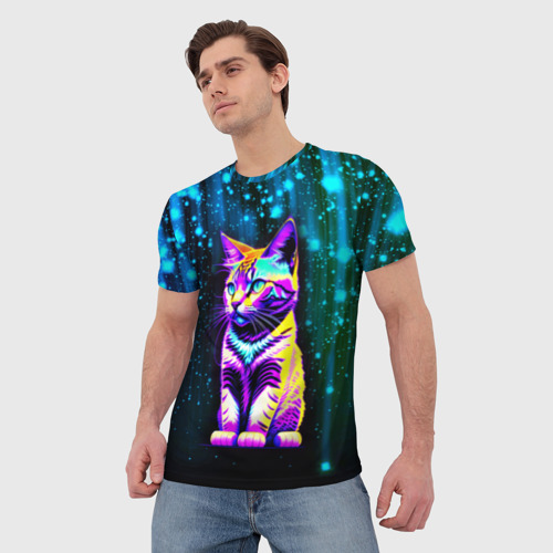 Мужская футболка 3D Космический котёнок - звездопад, цвет 3D печать - фото 3