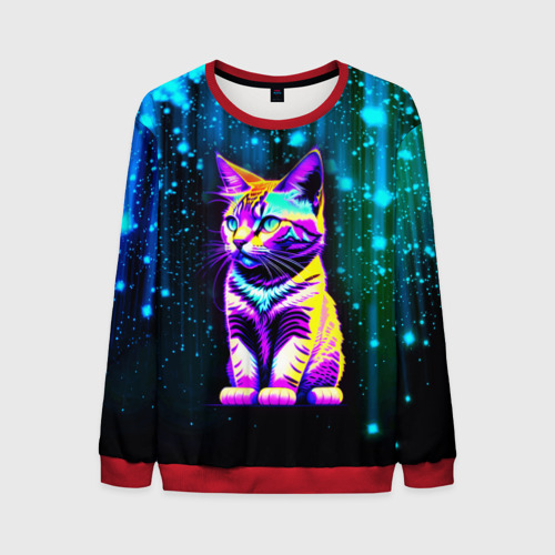 Мужской свитшот 3D Космический котёнок - звездопад, цвет красный