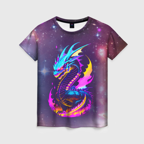 Женская футболка 3D с принтом Space dragon - neon glow - neural network, вид спереди #2