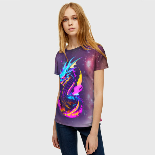 Женская футболка 3D с принтом Space dragon - neon glow - neural network, фото на моделе #1