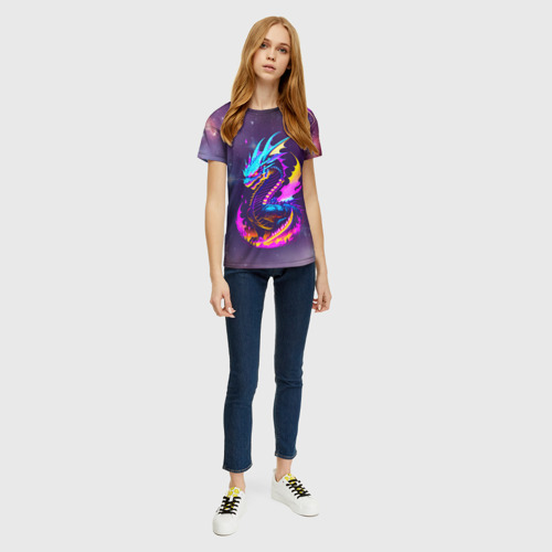 Женская футболка 3D с принтом Space dragon - neon glow - neural network, вид сбоку #3
