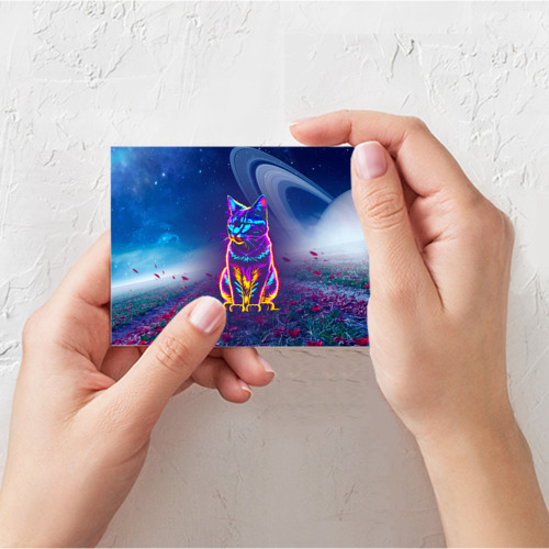 Поздравительная открытка Космический неоновый котик - нейросеть, цвет белый - фото 3