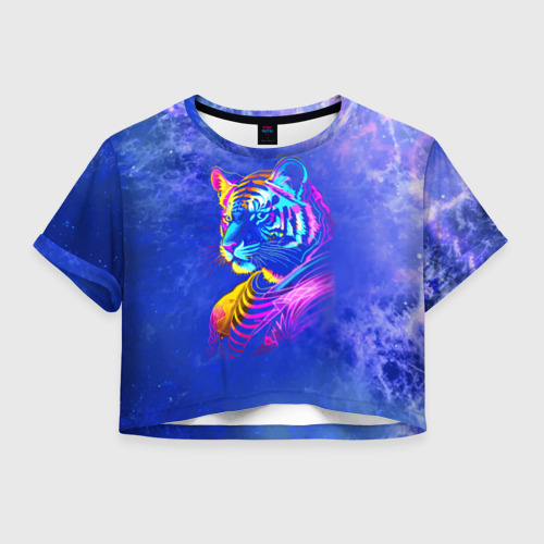 Женская футболка Crop-top 3D Neon tiger - neural network, цвет 3D печать