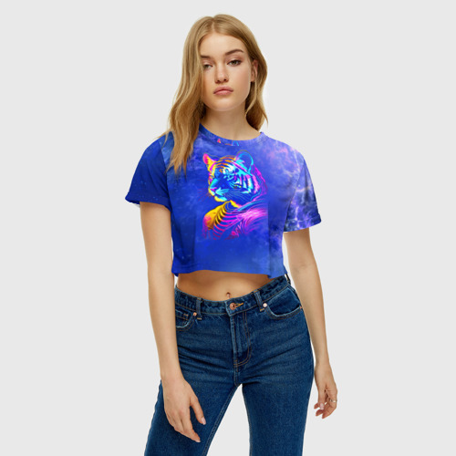 Женская футболка Crop-top 3D Neon tiger - neural network, цвет 3D печать - фото 4