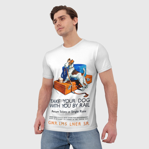 Мужская футболка 3D с принтом Возьми собаку в поезд, фото на моделе #1