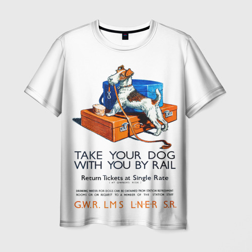 Мужская футболка 3D с принтом Возьми собаку в поезд, вид спереди #2