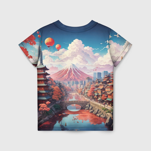 Детская футболка 3D с принтом Японский пригородный пейзаж, вид сзади #1
