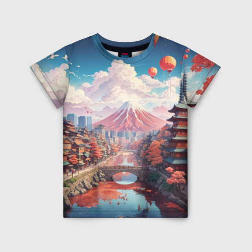 Детская футболка 3D с принтом Японский пригородный пейзаж, вид спереди #2