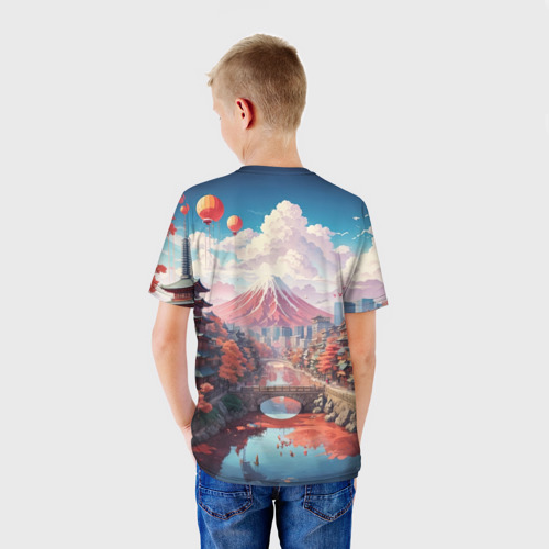Детская футболка 3D с принтом Японский пригородный пейзаж, вид сзади #2