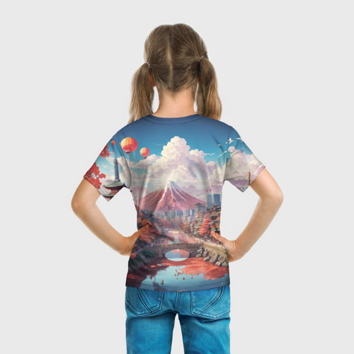 Детская футболка 3D с принтом Японский пригородный пейзаж, вид сзади #2