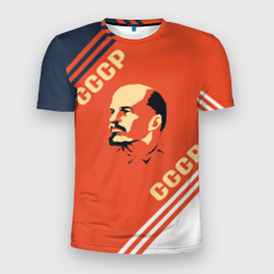 Мужская футболка 3D Slim Ленин на красном фоне