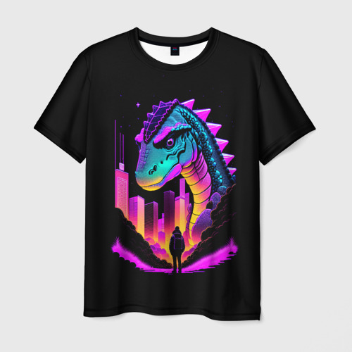 Мужская футболка 3D с принтом Динозавр в мегаполисе - неоновое свечение, вид спереди #2