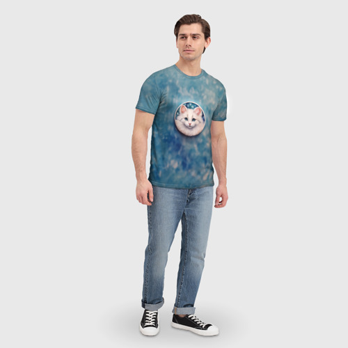 Мужская футболка 3D с принтом Мордочка белой кошки, вид сбоку #3